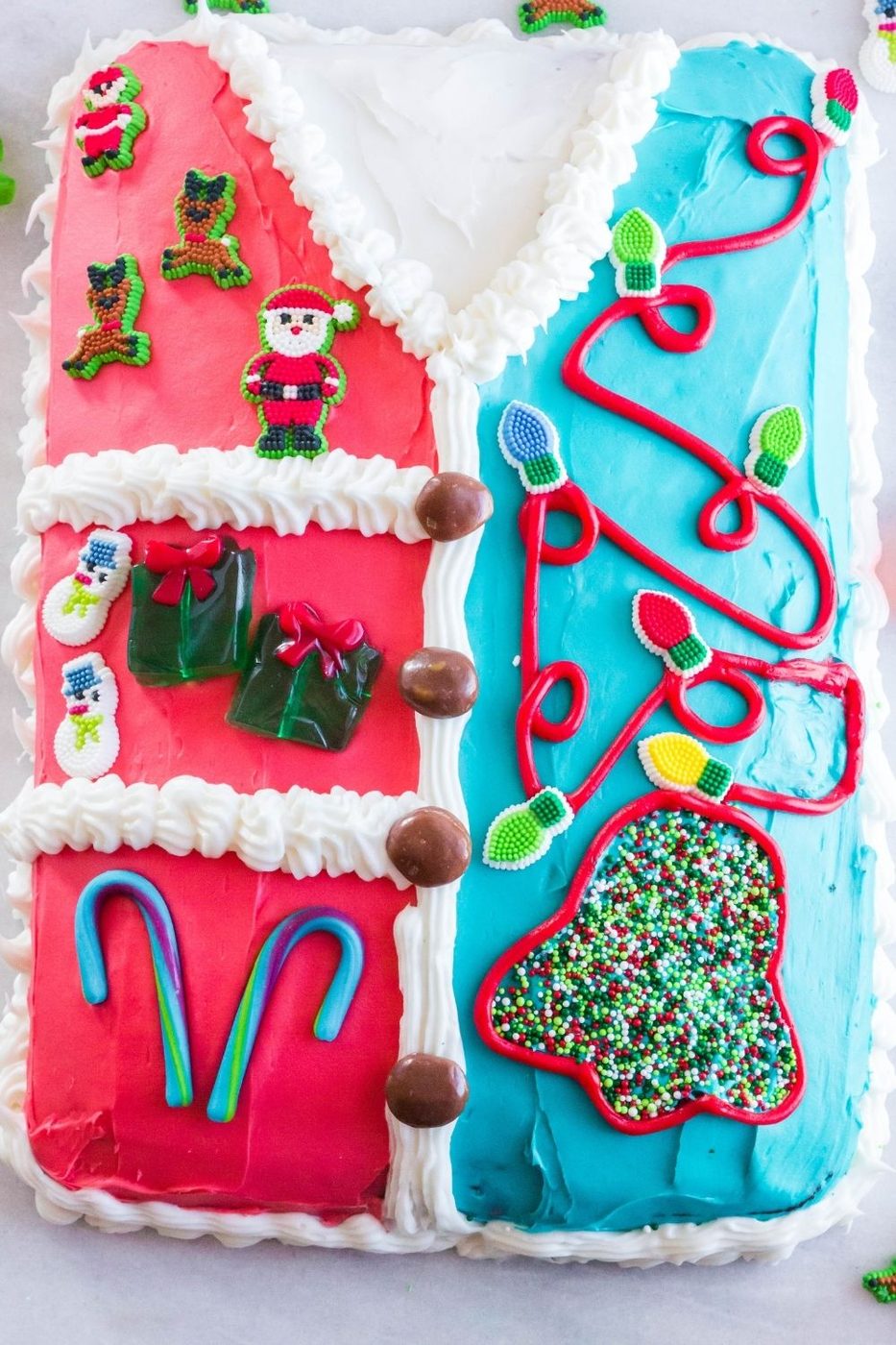 ugly sweater cake overhead shot 