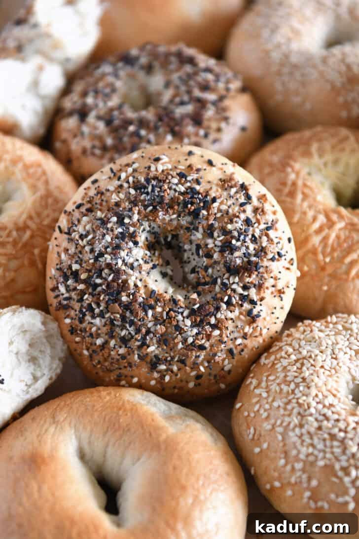 The Ultimate Homemade Bagel Recipe 2 Lots of homemade bagels together on baking sheet with the center bagel loaded with everything bagel seasoning.