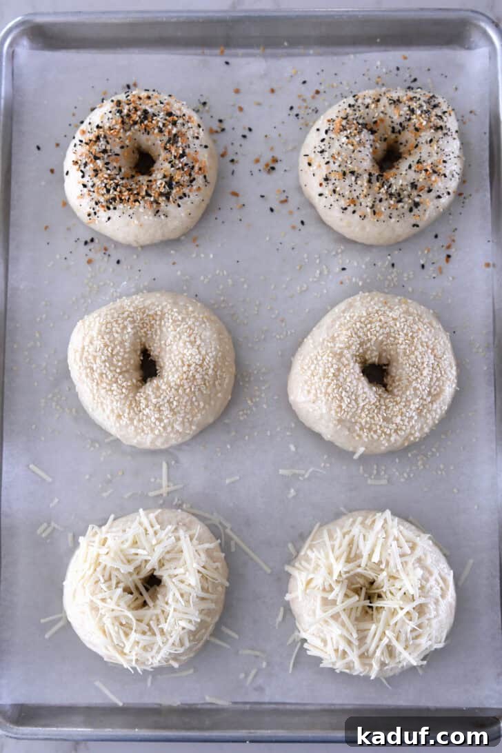 The Ultimate Homemade Bagel Recipe 11 Top down view of six unbaked bagels. The top two have everything bagel seasoning, the middle two have sesame seeds and the bottom two have shredded Parmesan cheese.