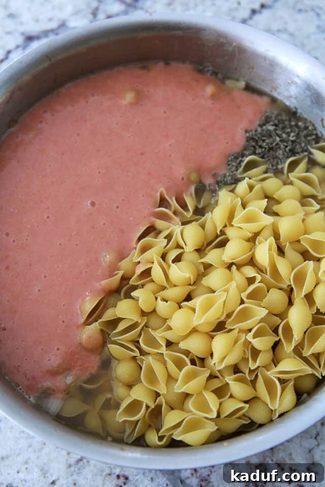 Tuscan Creamy Skillet Pasta 3 Stainless pan with dry pasta shells, dried oregano, and blended tomatoes and beans before cooking.
