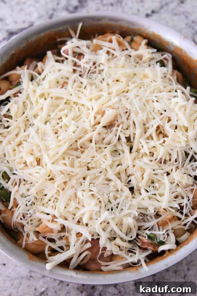 Tuscan Creamy Skillet Pasta 6 Shredded Monterey Jack and Parmesan cheese sprinkled generously over pasta ingredients in the pan.