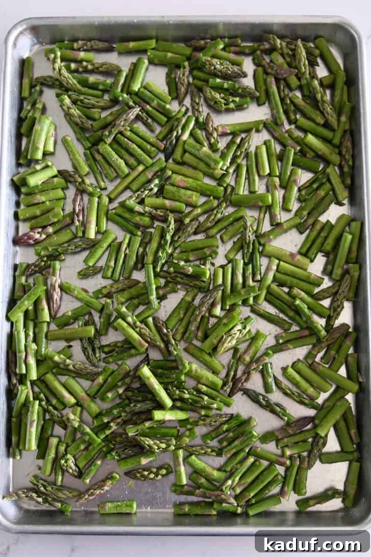 Fresh asparagus pieces seasoned with olive oil and salt, spread on a sheet pan for roasting.