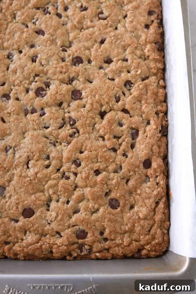 Golden Oat Chocolate Chip Squares 7 Bottom corner of a 9x13-inch pan of freshly baked, golden-brown cookie bars.