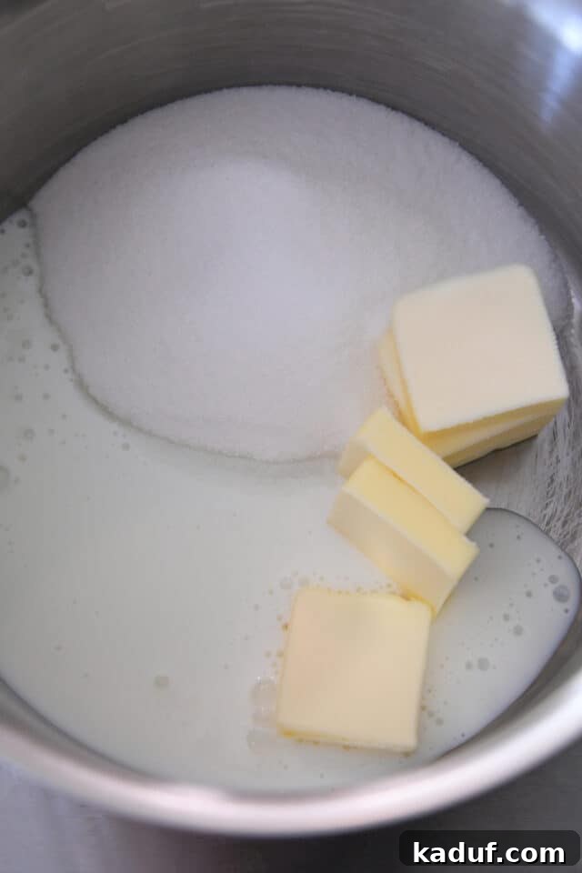 Sweet Tangy Buttermilk Caramel 3 Sugar, buttermilk, and butter in saucepan.