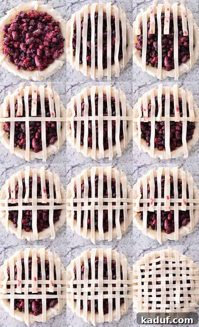 Berry Trio Bliss 4 Step-by-step photographs illustrating the process of forming a delicate lattice pie top using pie crust strips on a triple berry pie.