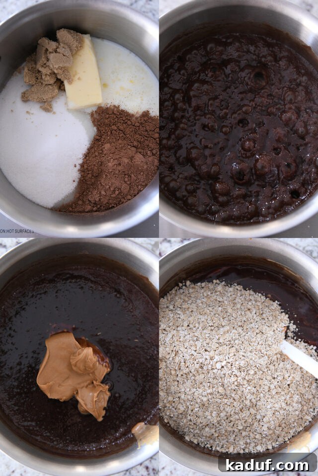 Making no bake chocolate peanut butter buckeye cookies in a saucepan.