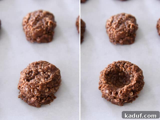 Shaping no bake chocolate cookies with a divot for the filling.