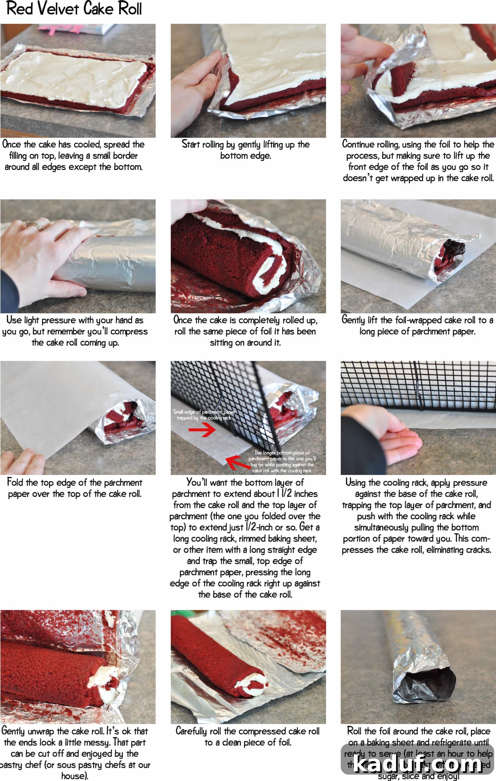 Crimson Velvet Swirl Cake 5 A step-by-step pictorial guide showing the process of baking, spreading filling, and carefully rolling a red velvet cake roll to achieve a perfect spiral.