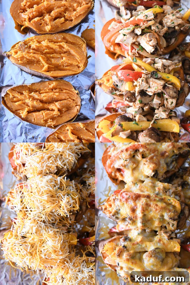 Sweet potatoes on sheet pan; veggies and chicken on sweet potatoes; cheese on veggies; everything broiled until golden.