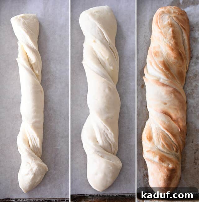 Effortless Twisted Croissant French Bread 11 Unrisen, risen and baked loaves of croissant French bread.