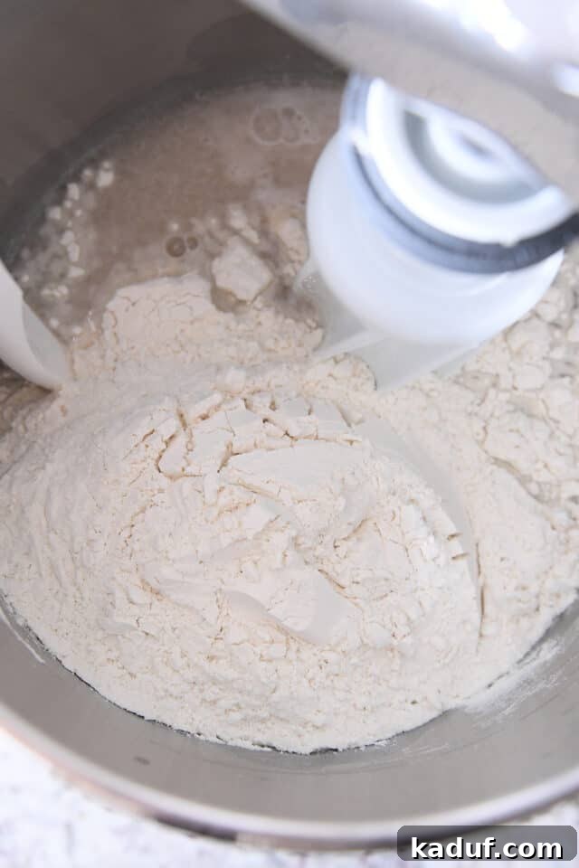 Effortless Twisted Croissant French Bread 3 Flour, water, yeast in stainless steel mixing bowl.