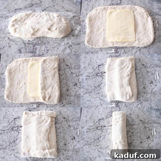 Effortless Twisted Croissant French Bread 7 Placing butter sheet on bread dough, folding bread dough in thirds over butter, pinching edges of dough and folding in half.