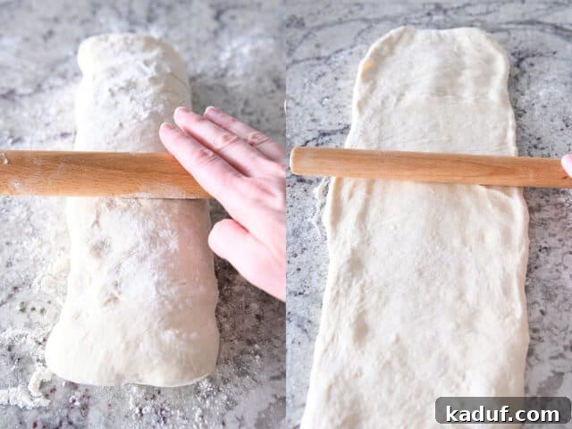 Effortless Twisted Croissant French Bread 8 Rolling out butter filled French bread dough into long rectangle.