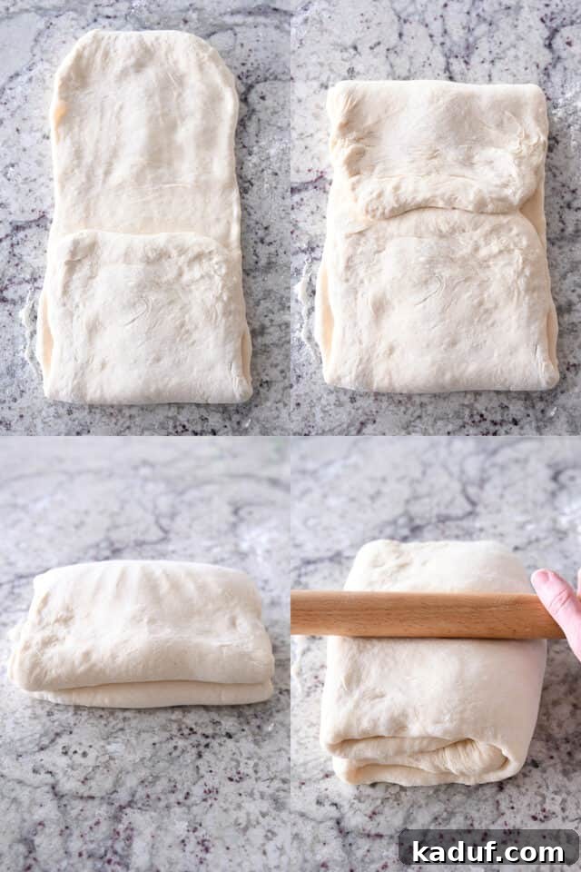 Effortless Twisted Croissant French Bread 9 Rolling out and folding breadstick dough with butter.