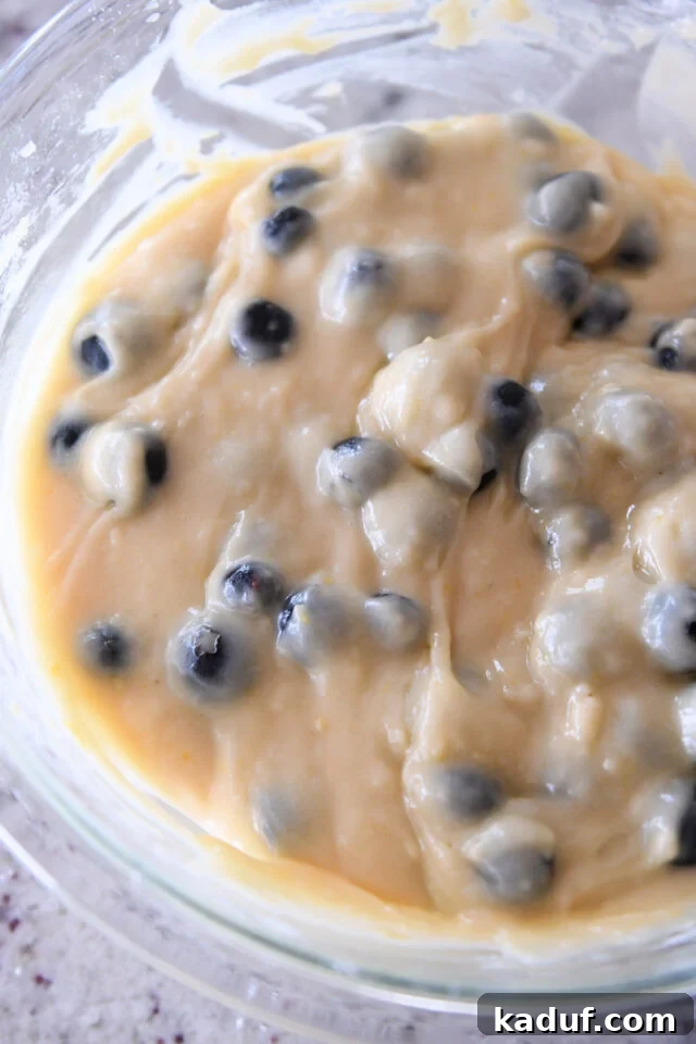 Ultimate Blueberry Muffins 5 Close-up of fluffy blueberry muffin batter in a clear glass bowl, showcasing the perfectly incorporated blueberries.