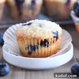 Baked blueberry muffin with paper liner on small white dish.