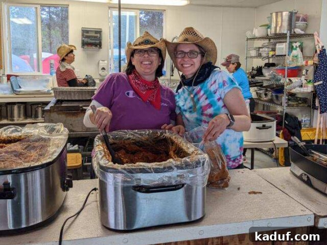 Camp Kitchen Secrets Menus Tips and Resources for Feeding Big Groups 12 Two women in cowboy hats smiling for camera.