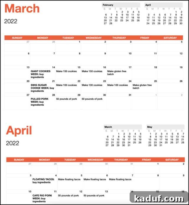 Camp Kitchen Secrets Menus Tips and Resources for Feeding Big Groups 6 Calendar with food prep details for girl's camp.