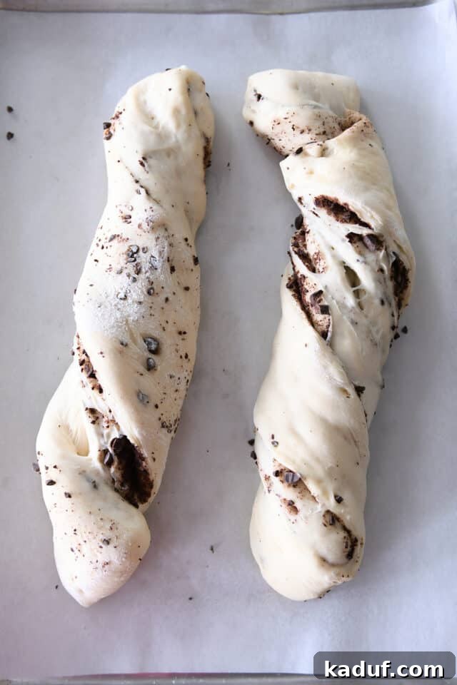 French Chocolate Swirl Bread 11 Two beautifully risen loaves of chocolate croissant French bread on a sheet pan, ready to be baked.