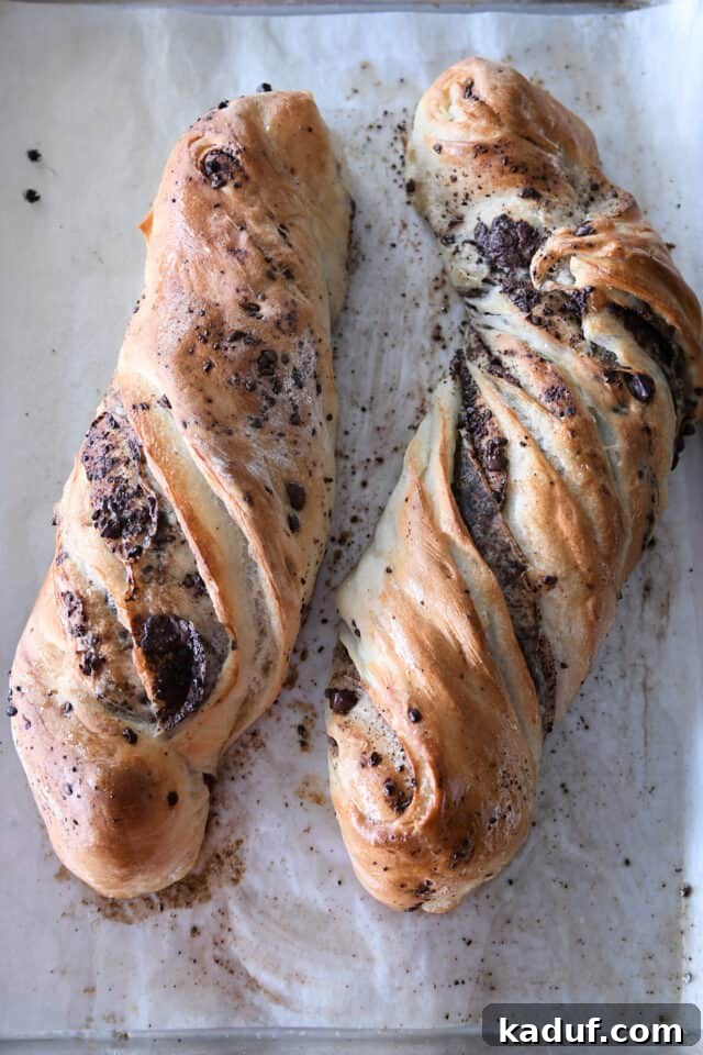 French Chocolate Swirl Bread 13 Two perfectly baked loaves of twisted chocolate croissant French bread, golden and inviting.