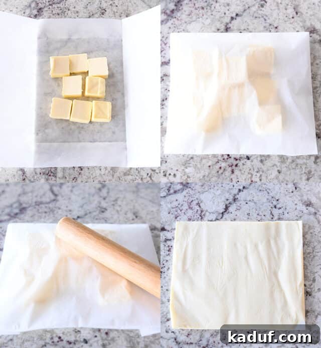 French Chocolate Swirl Bread 4 Step-by-step visuals of making a butter sheet: butter cubes in parchment, parchment folded, and using a rolling pin to flatten butter into a thin, even sheet.