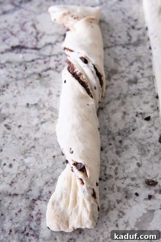 French Chocolate Swirl Bread 10 A single twisted loaf of chocolate croissant French bread, perfectly shaped and ready for its final rise.