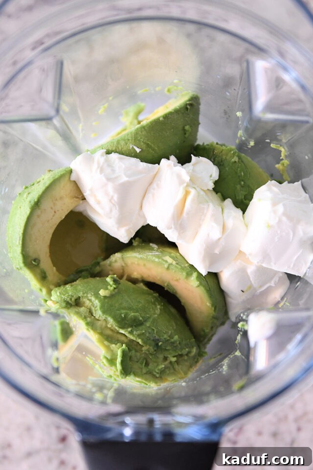 Garden Harvest Flatbread with Avocado Cream 3 Avocado and cream cheese in blender.