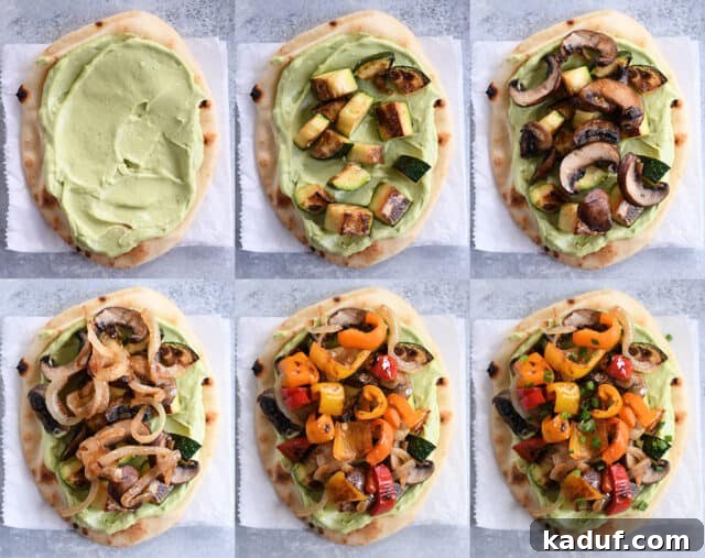 Garden Harvest Flatbread with Avocado Cream 5 Assembling flat bread with avocado sauce, roasted zucchini, mushrooms, caramelized onions, roasted peppers and green onions.