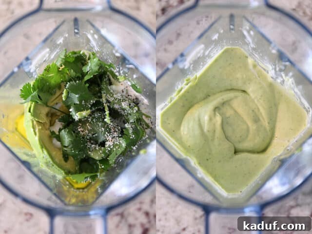 Zesty Chile Lime Shrimp Tacos 3 Blender with avocado, oil, cilantro and seasonings; blender with smooth green avocado dressing.