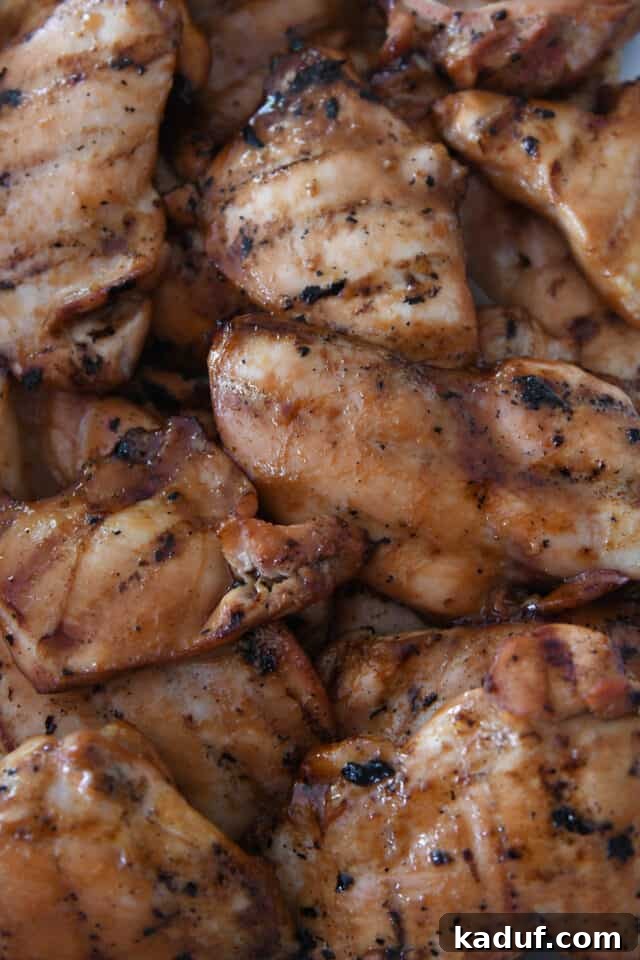 Tropical Chicken Teriyaki Power Bowl 4 Beautifully grilled teriyaki chicken slices arranged in a pristine white dish, showcasing their golden-brown char and succulent texture, ready to be added to a vibrant Hawaiian bowl.