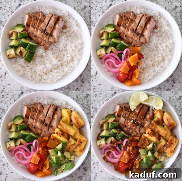 Tropical Chicken Teriyaki Power Bowl 6 Hands carefully assembling a Hawaiian chicken and veggie teriyaki bowl, adding grilled chicken, pineapple, avocado, and bell peppers over a bed of white rice in a pristine white bowl.