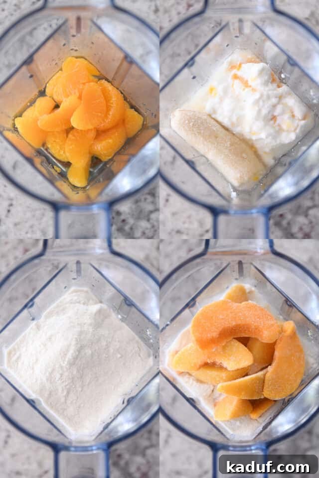 Golden Sunrise Peach Protein Smoothie 3 A blender filled with the key ingredients for a Sunrise Peach Orange Protein Smoothie: mandarin oranges, frozen banana, peach Greek yogurt, vanilla protein powder, and frozen peach slices.