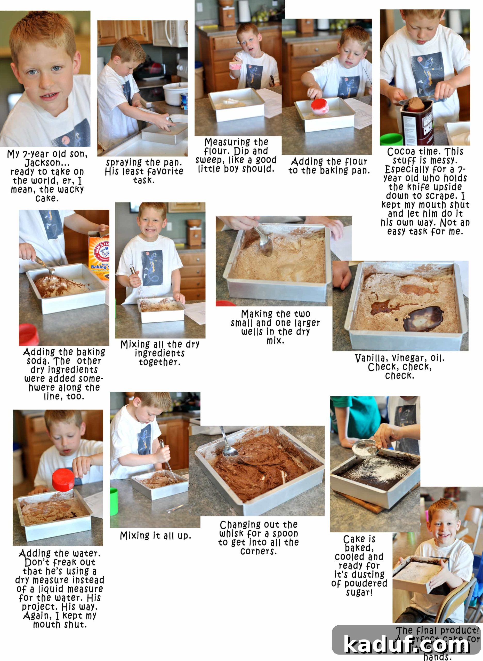 Jackson's Whimsical Wonder Cake 5 a collage of step-by-step photos of a little boy making a chocolate cake, showing various stages of mixing and baking with child-friendly images.