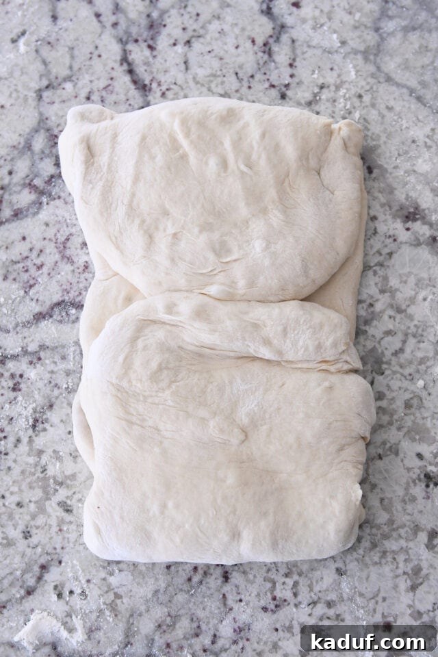 Flaky Cinnamon Croissant Swirl 12 The dough expertly folded into thirds, resembling a book, for the twisted croissant bread, showing the intricate layering.