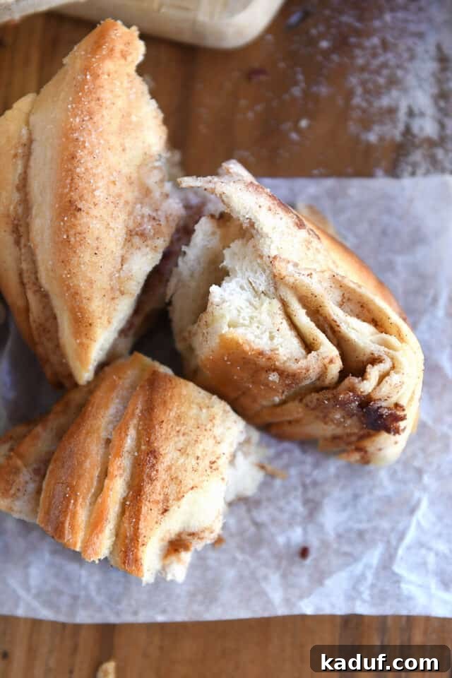 Flaky Cinnamon Croissant Swirl 22 Several torn pieces of cinnamon sugar twisted croissant bread beautifully arranged on parchment paper, showcasing the flaky, buttery layers and sugar dusting.