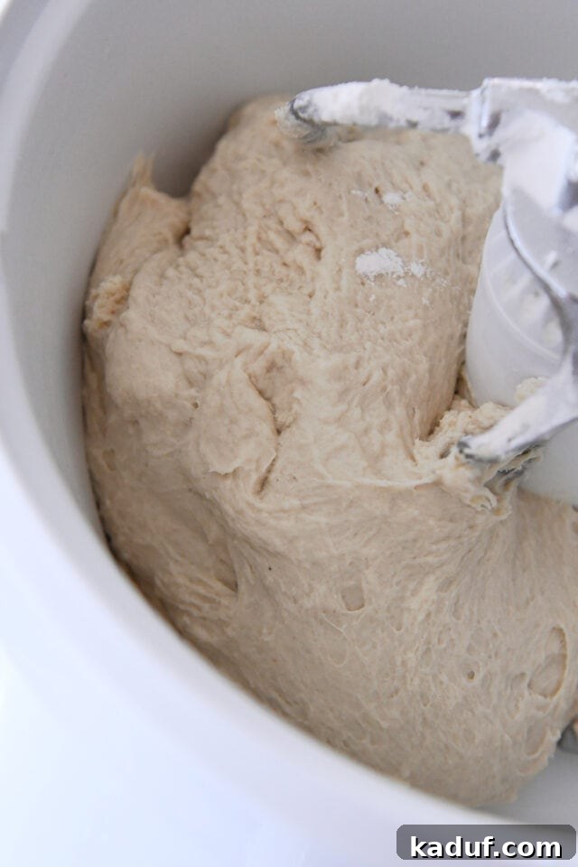 Flaky Cinnamon Croissant Swirl 5 French bread dough actively mixing in a stand mixer, forming a soft and smooth ball.