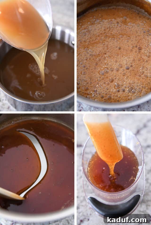 Orchard Cider Caramels 4 Apple cider gently simmering and reducing in a stainless steel saucepan, transforming into a thick syrup.
