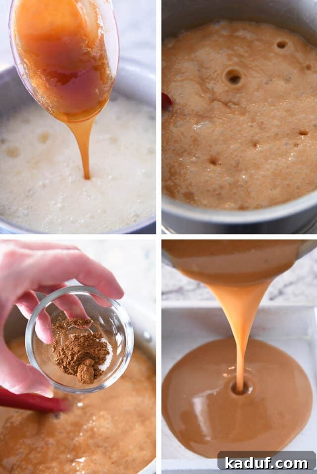 Orchard Cider Caramels 6 A sequence of images showing the stages of apple cider caramel making: pouring in cider, simmering the mixture, adding cinnamon and vanilla, and finally, pouring the finished caramel into a baking pan.