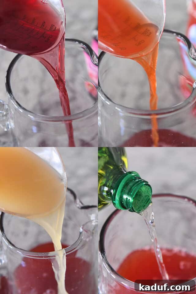 Party Punch Perfection 3 A person pouring a variety of fruit juices, including cranberry-raspberry, fruit punch, and pineapple-orange juice, into a large pitcher alongside ginger ale to create the perfect party punch.