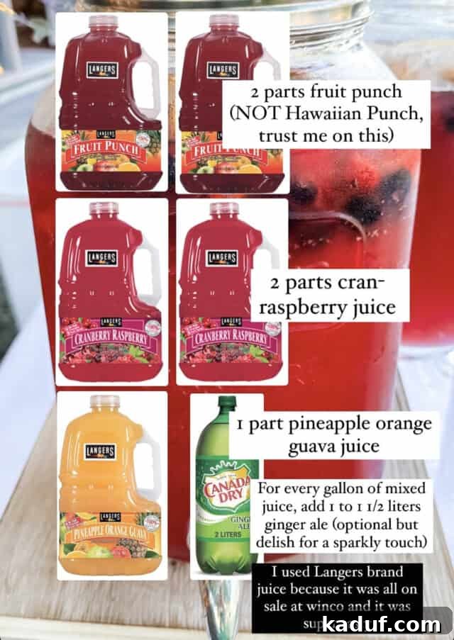 Party Punch Perfection 4 Infographic detailing the party punch formula: '2 parts fruit punch, 2 parts cran-raspberry juice, 1 part pineapple orange juice' displayed over an image of the red punch.