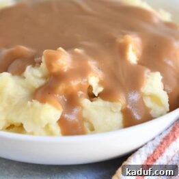 White bowl with fluffy mashed potatoes and rich brown gravy.