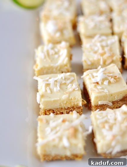 Zesty Key Lime Delights 3 A white platter with small squares of key lime bars topped with toasted coconut, showcasing their fresh appeal.