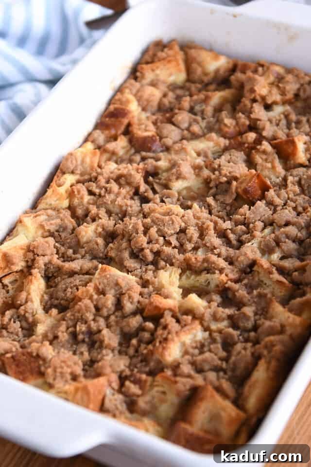 Baked French toast bake in white pan.