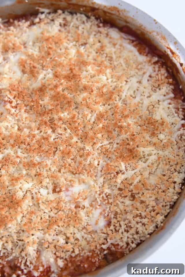 One-Pan Italian Cheesy Chicken and Zucchini 8 Browned panko bread crumbs on top of Italian skillet meal.