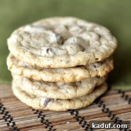 Toasted Hazelnut Chocolate Chip Cookies 4 Close-up of a stack of golden chocolate chip hazelnut cookies.