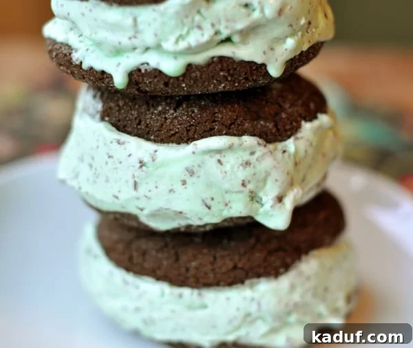 Frozen Mint Chocolate Chip Delights 3 Close-up side view of stacked chocolate mint chip ice cream sandwiches, showing the soft cookie texture and generous mint ice cream filling.