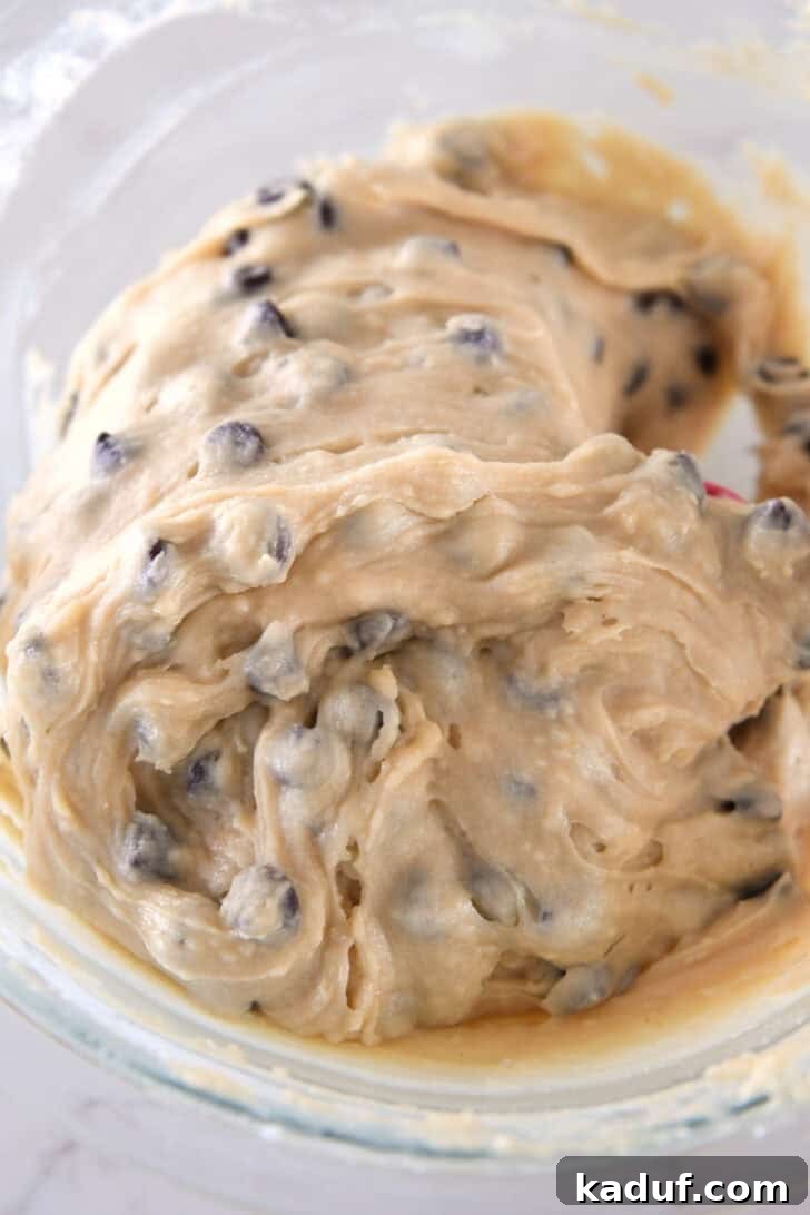 The fully mixed, thick brown butter chocolate chip muffin batter, glistening with chocolate, awaits baking.