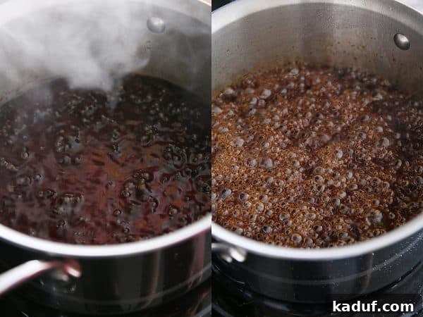 Caramel Coconut Chicken 8 A side-by-side comparison of two pots, illustrating the reduction process of a sauce. The left pot shows a liquid simmering with larger, more spread-out bubbles, while the right pot shows the same sauce after further reduction, with smaller, more intense, and closely packed bubbles, indicating a thickened consistency.