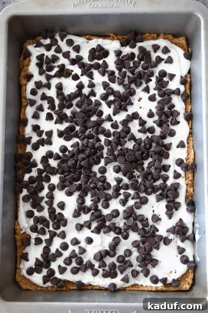 Irresistible S'mores Bars 6 Top-down view of a metal baking pan showcasing a layer of chocolate chips generously sprinkled over the gooey marshmallow creme, which rests on the graham cracker cookie base. This illustrates the third layer of the s'mores bars.