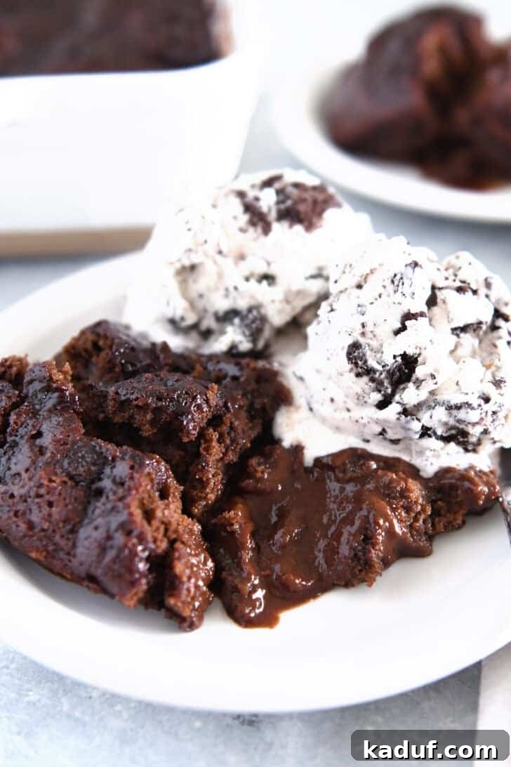 Hot fudge pudding cake served on a white plate with a scoop of vanilla ice cream, showing the distinct cake and sauce layers.